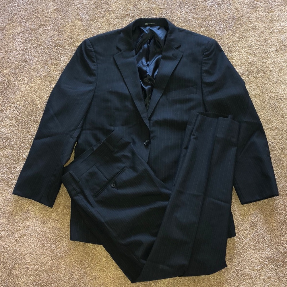 black pinstriped suit